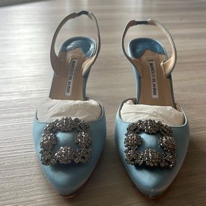Manolo Blahnik satin blue pumps